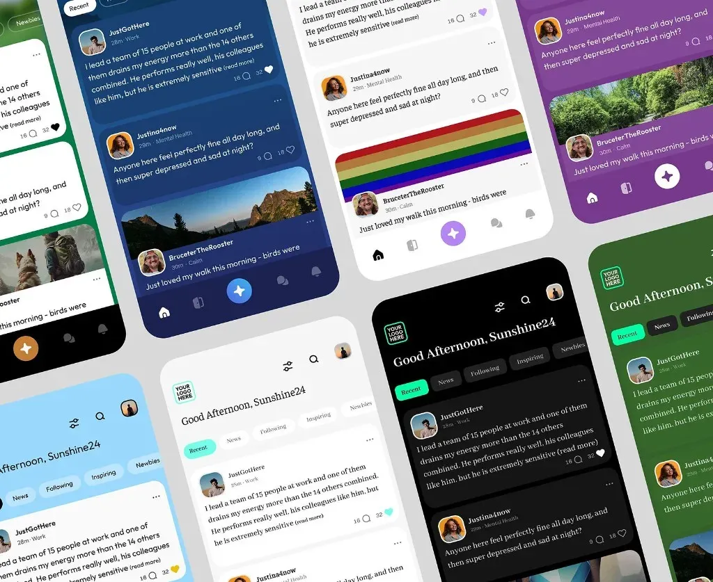 White-labelled TalkLife Workplace app screens in multiple themes